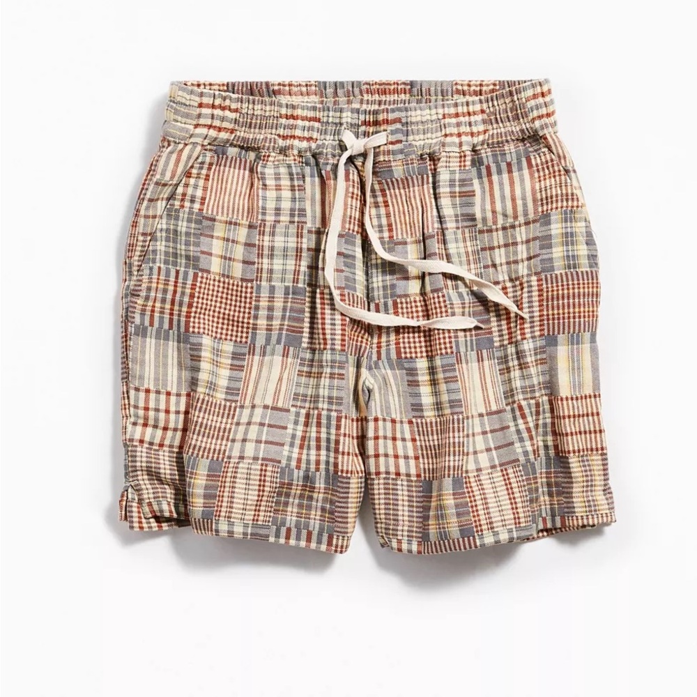Urban Outfitters UO Cotton Patchwork Madras Pull On Shorts Pockets Mens Medium